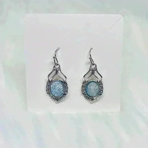 Sea Blue Flower Cabochons Rhinestone Earrings - Picture 3 of 6